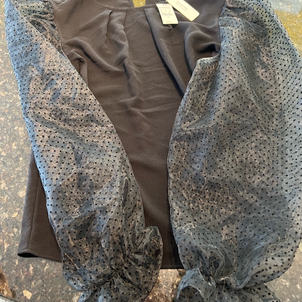 Express Black Top with Sheer Polka Dot Sleeves - Picture 3 of 5